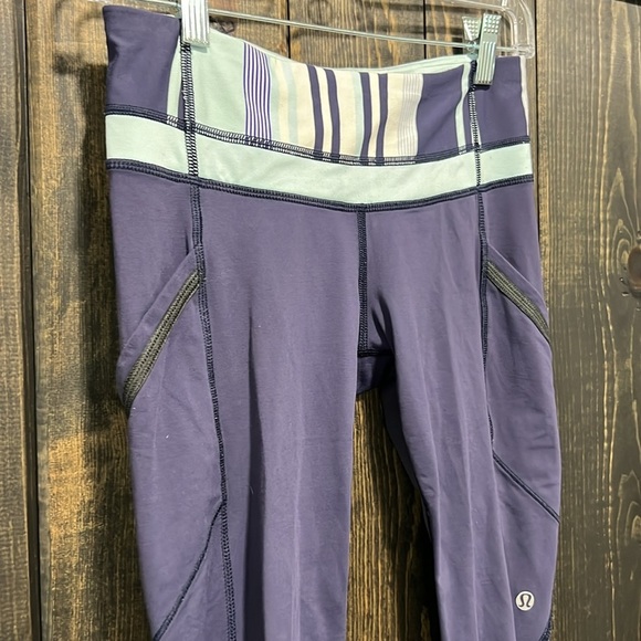 Lululemon Run A Marathon Crop II Leggings 4 Blue Groovy Stripe Aquamarine Gym - Picture 2 of 10